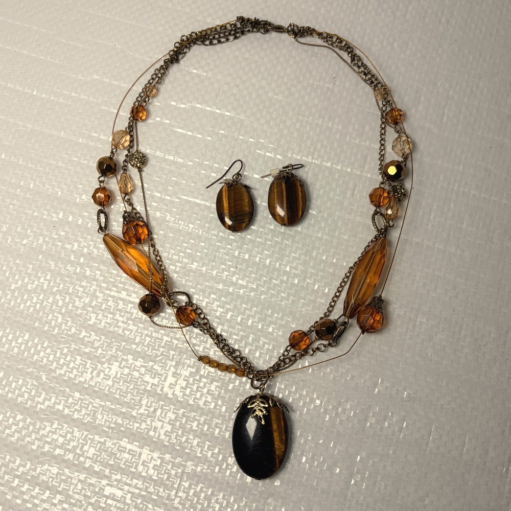 Vintage Tigers Eye Multi Strand Necklace and Earring Set Amber Gold Tone Boho